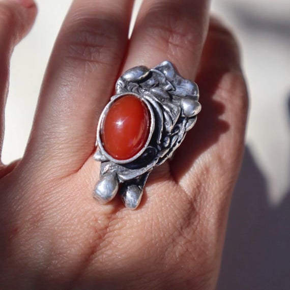 Brutalist Sterling Carnelian Statement Ring - image 2