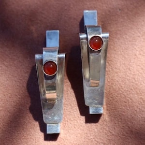 Statement Earring Sterling Silver Stud Carnelian Jewelry Vintage Artisan Handmade Gift Unique Architectural Design Geometric Bold Red Stone