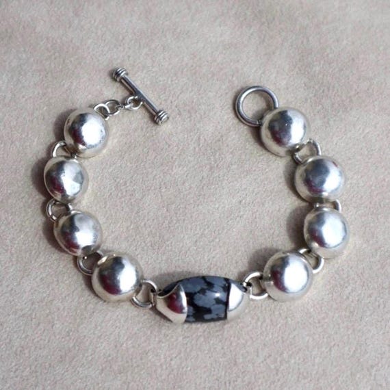 Taxco Sterling Bracelet Snowflake Jasper Statement Jewelry Mexican Silver Vintage Piece Handcrafted Design Modernist Style Black Stone