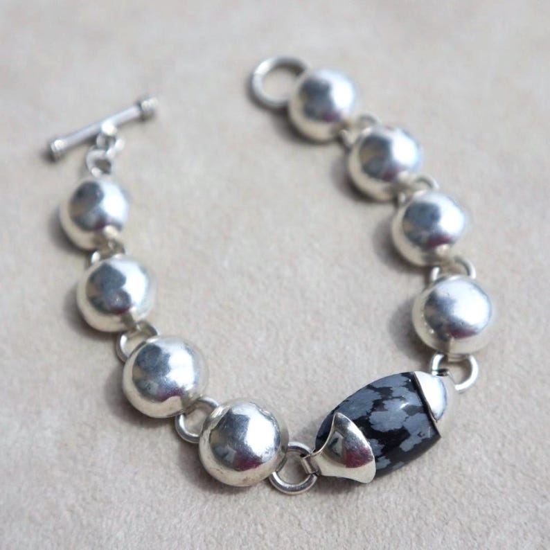 Taxco Sterling Bracelet Snowflake Jasper Statement Jewelry Mexican Silver Vintage Piece Handcrafted Design Modernist Style Black Stone image 8