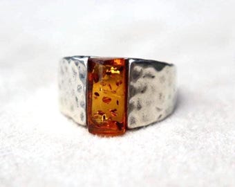 Amber Sterling Ring Vintage Signet Jewelry Handmade Artisan Boho Retro Accessory Gift Women Statement Cocktail Style Band Hammered Silver