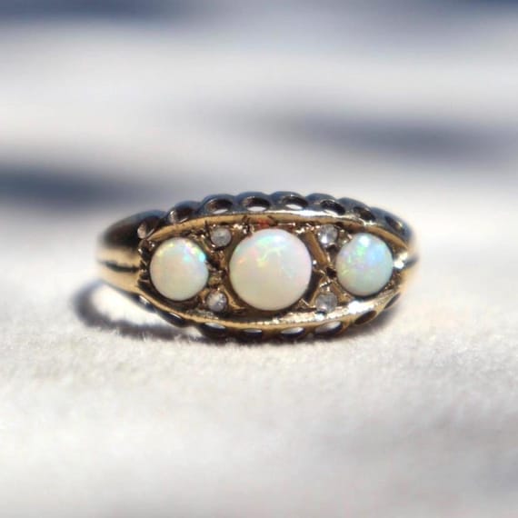 9k Gold Opal Ring White Spinel and Opal Victorian Style Jewelry English Gypsy Ring Vintage Gold Ornate Antique Band Statement Piece Wedding