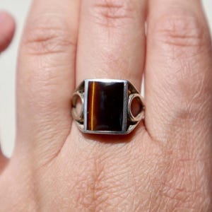 Tigers Eye Ring Vintage Sterling Silver Band Seventies Retro Gemstone Statement Jewelry Handmade Artisan Signet Style Ring Ornate Design Natural Stone Band Birthday Anniversary Gift Men Boyfriend Classic Vintage Accessory Authentic Silver