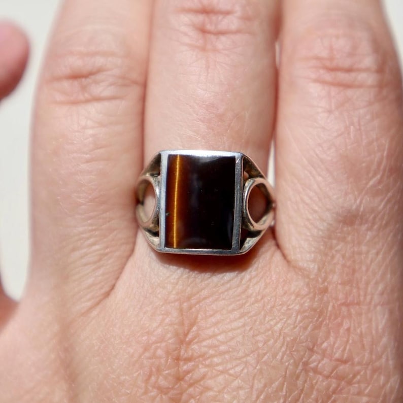 Tigers Eye Ring Vintage Sterling Silver Band Seventies Retro Gemstone Statement Jewelry Handmade Artisan Signet Style Ring Ornate Design Natural Stone Band Birthday Anniversary Gift Men Boyfriend Classic Vintage Accessory Authentic Silver