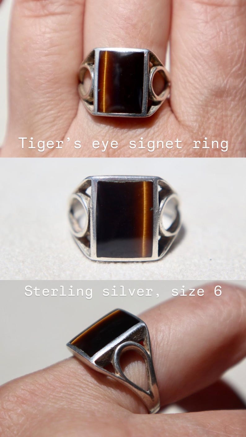 Seventies Retro Ring Vintage Tigers Eye Gemstone Sterling Silver Band Handmade Artisan Statement Jewelry Ornate Signet Style Ring Natural Stone Band Birthday Anniversary Gift Men Boyfriend Classic Vintage Silver Ring Authentic Retro