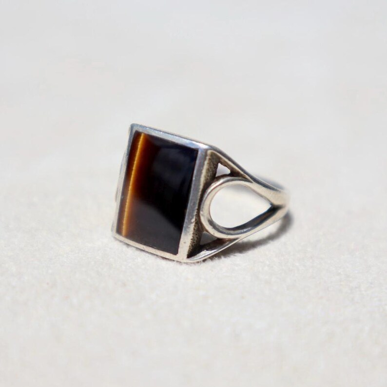 Birthday Gift Ring Vintage Tigers Eye Gemstone Sterling Silver Band Seventies Retro Handmade Artisan Statement Jewelry Signet Style Ring Ornate Silver Band Anniversary Gift Men Boyfriend Natural Stone Ring Classic Vintage Accessory