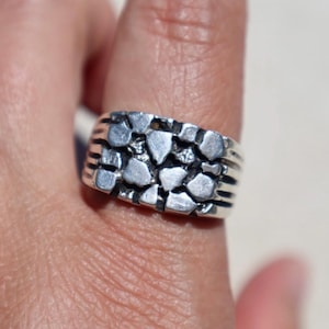 Brutalist Silver Ring Sterling Handmade Statement Piece Mens Biker Band Oxidized Chunky Signet Wide Geometric Pattern Abstract Irregular