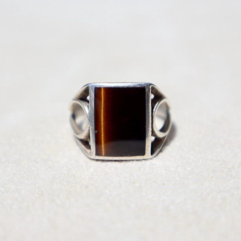 Tigerauge Ring Vintage Sterling Silber Siegelband Siegelband Siebziger Retro Edelstein Schmuck Handgemacht Statement Stück Geburtstag Geschenk Mädchen Bild 9