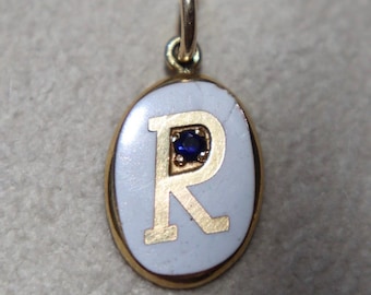 Goldener Buchstabe R Anhänger mit Emaille und Saphir, Vintage-Schmuck, 10 Karat Edelsteinkette, Geschenk zum Geburtstag
