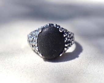 Brutalist Silber Ring Schwarz Stein Gothic Accessoire Vintage Statement Schmuck Vatertag Geschenk Männer Handmade Metal Dark Signet Design