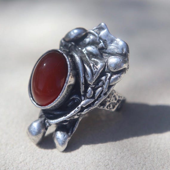 Brutalist Sterling Carnelian Statement Ring - image 3