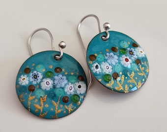 Handmade Original Enamel on Copper Dangle Drop Earrings, Vitreous Enamel Millefiori Beads, Gift for Her, Nilaj Enamel