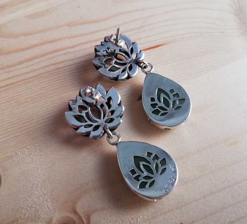 Aventurine lotus earrings green gemstone scroll saw hand cut Etsy