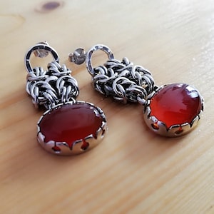 Agate Earrings Sterling Silver with Byzantine Chainmaille, Artisan Jewelry, Gift for Mom, Nilaj