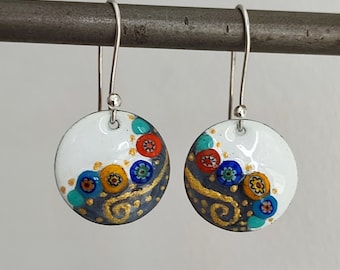 Handmade Original Enamel on Copper Dangle Drop Earrings, Vitreous Enamel Millefiori Beads, Gift for Her, Nilaj Enamel