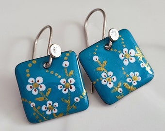 Vitreous Enamel Petroleum Blue Teal Flower Daisy Earrings, Dangle Drop Earrings, Enamel on Copper, Handmade Gift for Her, Nilaj Enamel