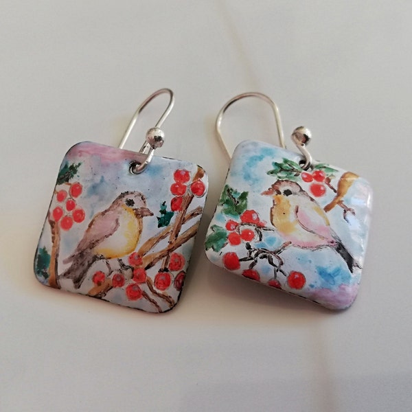 Handmade Original Painting on Copper Wearable Art Jewelry Earrings with Vitreous Enamel