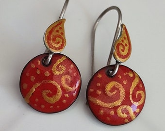 Vitreous Enamel on Copper Minimalist Dangle Drop Red Earrings, Gift for Her, Nilaj Enamel