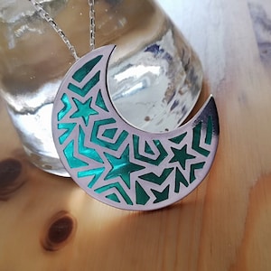 Plique a jour enamel crescent moon and stars pendant, Hot enamel jewelry, Gift for Her,  Nilaj Enamel
