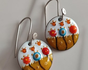 Handmade Original Enamel on Copper Yellow Dangle Drop Earrings, Vitreous Enamel Millefiori Beads, Handmade Gift for Her, Nilaj Enamel