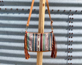 handwoven Guatemalan fabric and caramel leather fringe crossbody bag - boho chic!