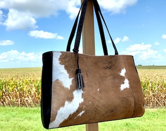 perfect handmade brown/white cowhide tote - premium, pebbled chocolate brown leather & short-hair hide