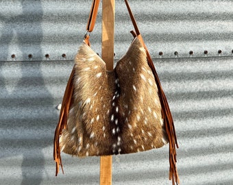 NEW! HUGE South TX axis deer hide slouch bag - premium hide and butter-soft calfskin