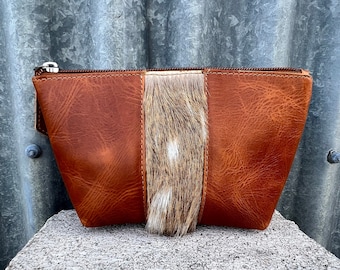 NEW! rustic weathered leather and South Texas axis deer hide pouch