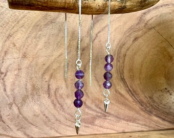 sterling silver threader earrings with bright purple dyed quartz beads and tiny sterling pendant
