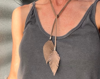 handmade minimalist taupe leather leaf lariat/wrap necklace