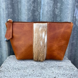 NEW! rustic weathered leather and South Texas axis deer hide pouch