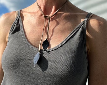handmade minimalist taupe and blue leather leaf lariat/wrap necklace