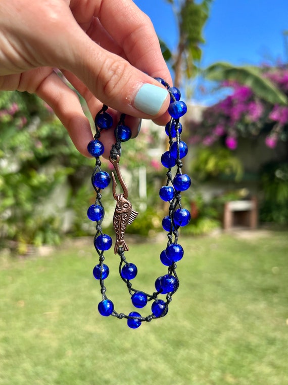 Hand-knotted Necklace With Bright Blue Painted Ceramic Beads and