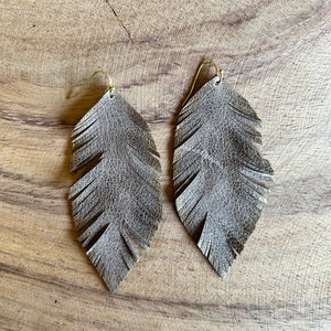 huge pebbled leather feather earrings - hand-painted ombre metallic silver edge