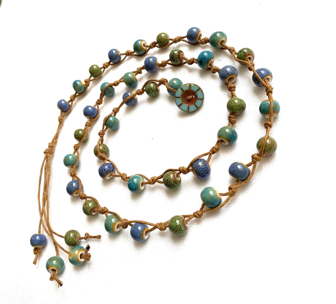 Handknotted Lariat Necklace With Antique Glazed Porcelain Beads and