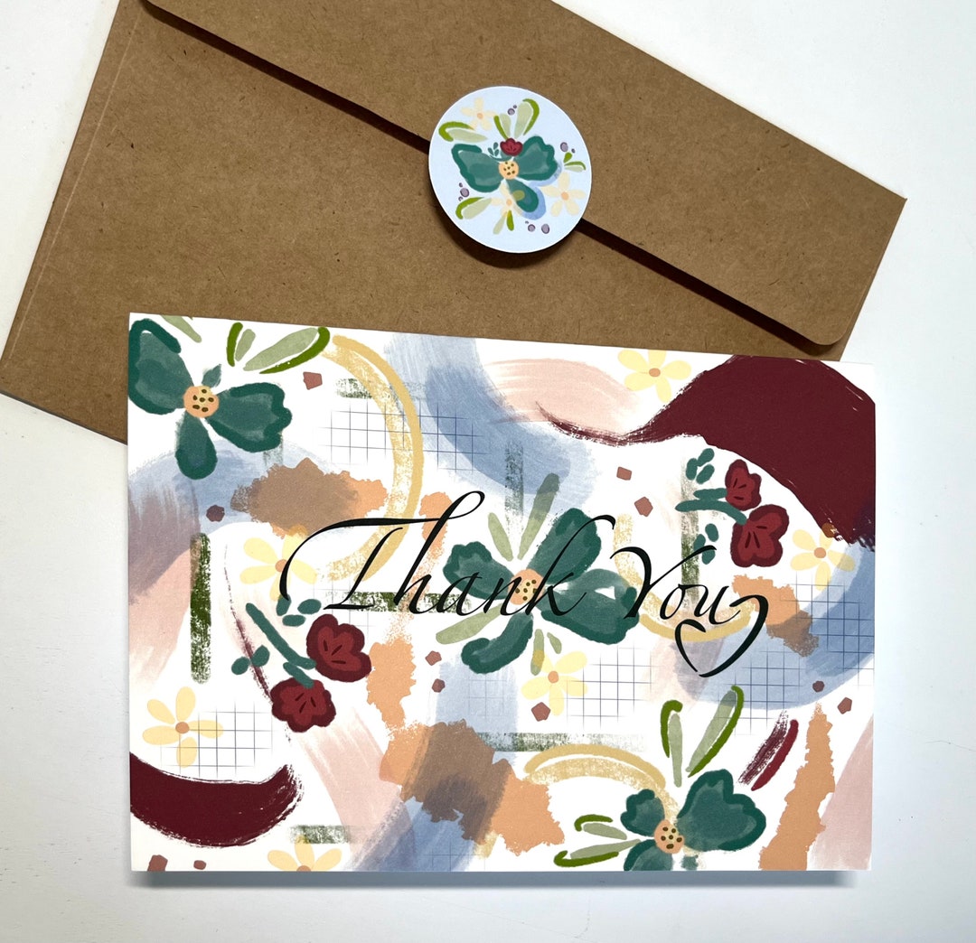 Handmade Thank You Note Card Set, Floral Design, With Envelope & Seal ...