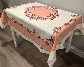 Vintage Square Pink and Burgundy Tablecloth with 6 Napkins