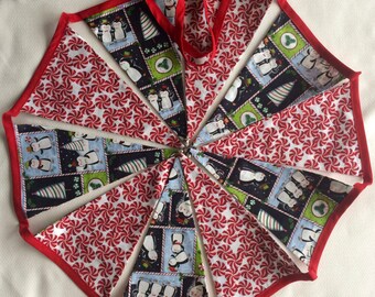 Penguins and Peppermint Fabric Christmas Pennant Banner with Jingle Bells