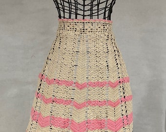 Vintage Crocheted Beige and Pink Half Apron