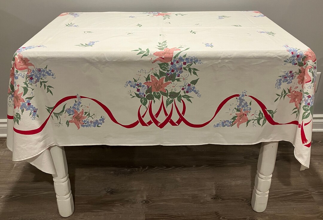 Vintage Simtex Tablecloth With Lilies, Lilacs and Ribbons Etsy