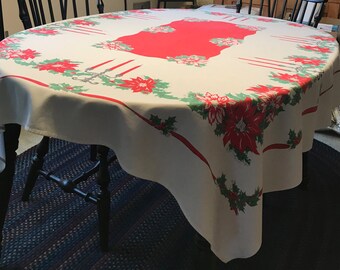 Vintage Christmas Poinsettia Tablecloth