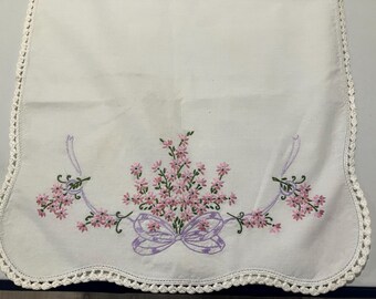 Vintage Embroidered Pink Flowers Table Runner