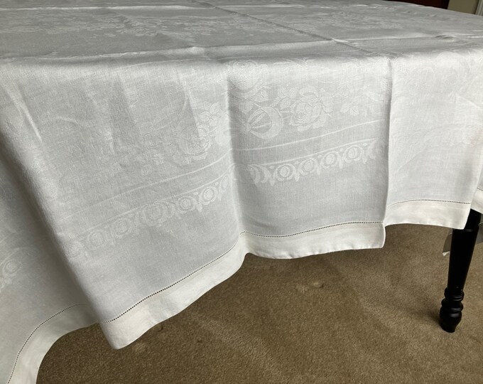 Vintage White Linen Damask Tablecloth With 5 Napkins Etsy