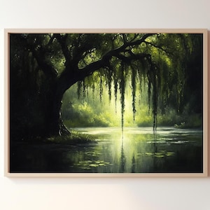 Weeping Willow Vintage Oil Painting, Printable Lake Painting, Vintage Landscape Art Print, Digital Download Wall Art, Willow Tree Print