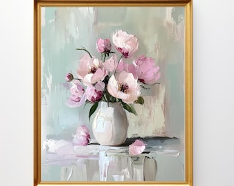 Pintura a óleo de peônia, arte botânica para download, impressão de arte de flores vintage em vaso, arte de parede para download digital, impressões de peônias