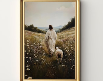 Jesus and Sheep Digital Artwork | Christian Artwork, Jesus Walking with Lamb Oil Painting, Digital Downloaded Art, The Lost Sheep Artwork