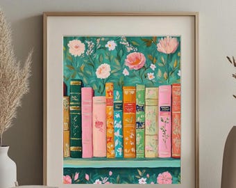 Pastel Book Art Portrait, Downloadable Wall Art, Bookshelf Wall Print, Book Nook Poster, Vintage Painting, Digital Download, Book Lover Gift