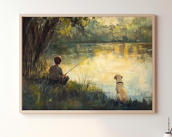 Boy and Dog Digital Artwork | Beautiful Vintage Style, Country Scenery Oil Painting, Digital Downloaded Art, Man's Best Friend Artwork