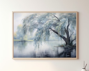 Weeping Willow Vintage Oil Painting, Printable Lake Painting, Vintage Landscape Art Print, Digital Download Wall Art, Willow Tree Print