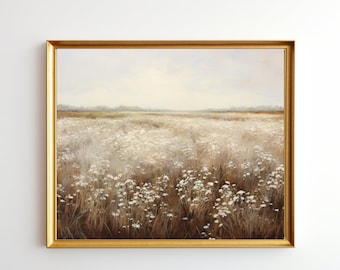 Wildflower Field Landscape Oil Painting, Printable Wildflower Painting, Vintage Landscape Art Print, Digital Download Wall Art